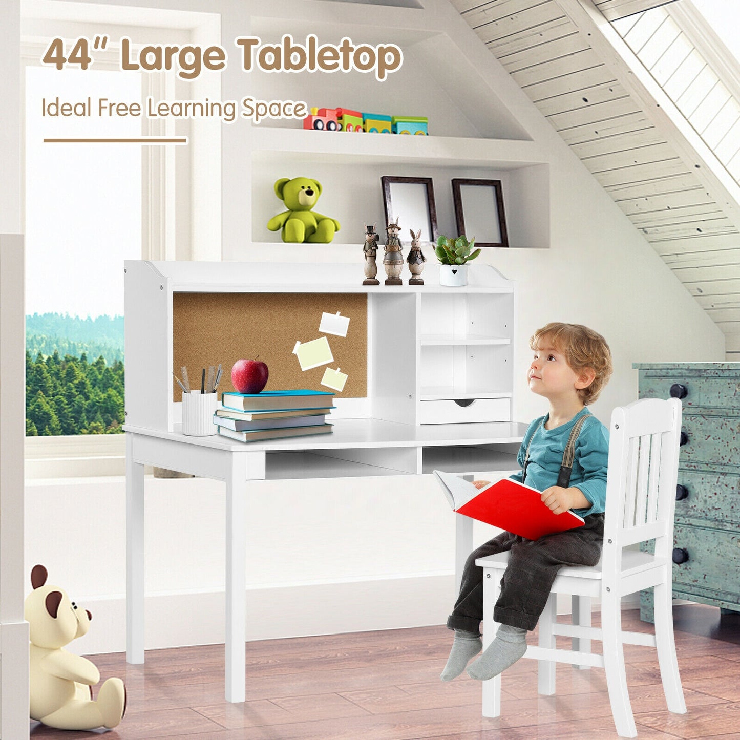 Kids Desk and Chair Set Study Writing Desk with Hutch and Bookshelves-White Kids Crystal