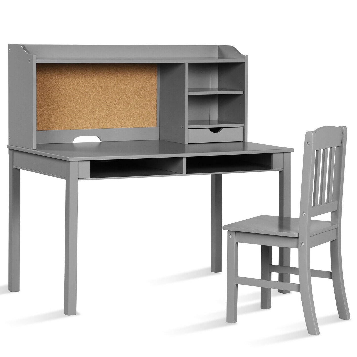 Kids Desk and Chair Set Study Writing Desk with Hutch and Bookshelves-Gray Kids Crystal