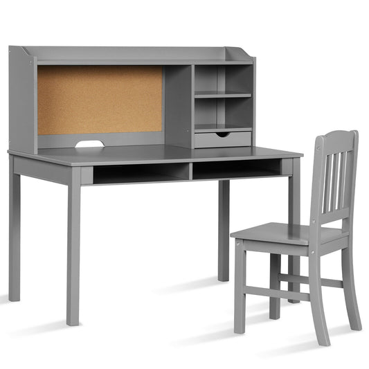 Kids Desk and Chair Set Study Writing Desk with Hutch and Bookshelves-Gray Kids Crystal