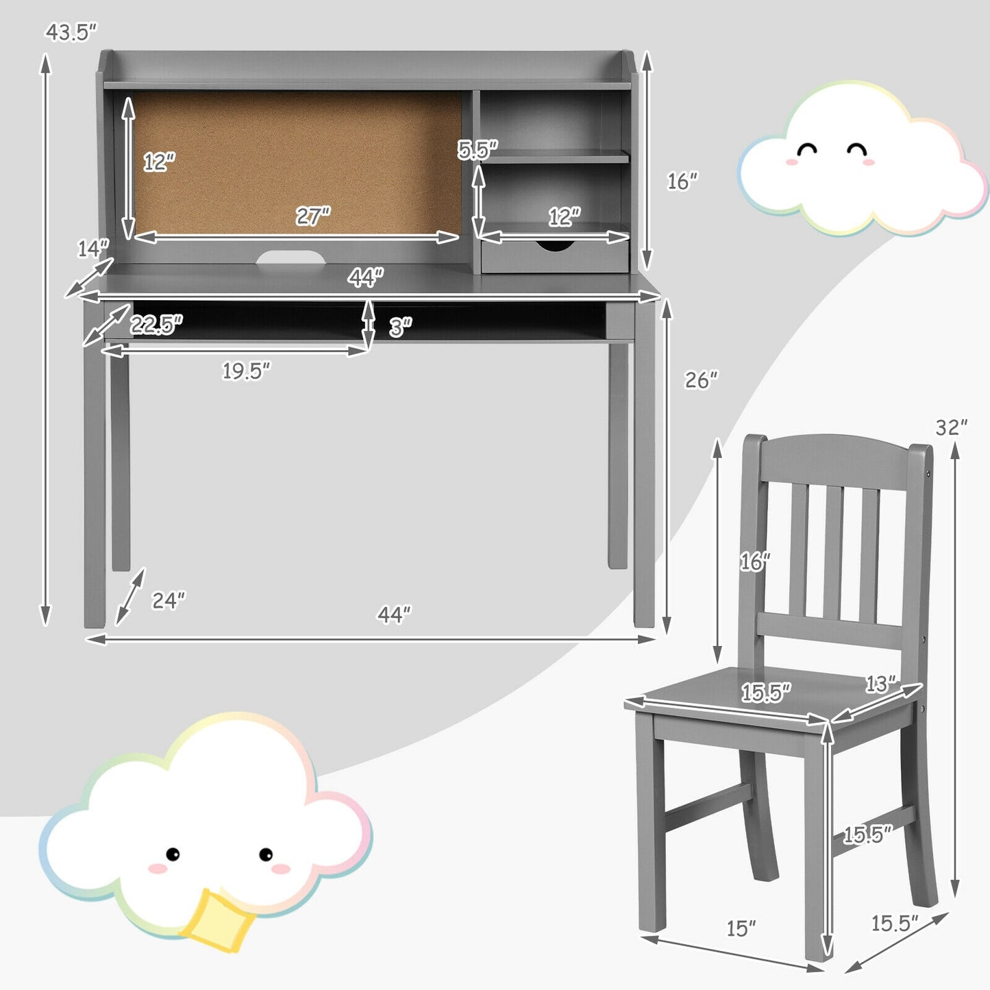 Kids Desk and Chair Set Study Writing Desk with Hutch and Bookshelves-Gray Kids Crystal