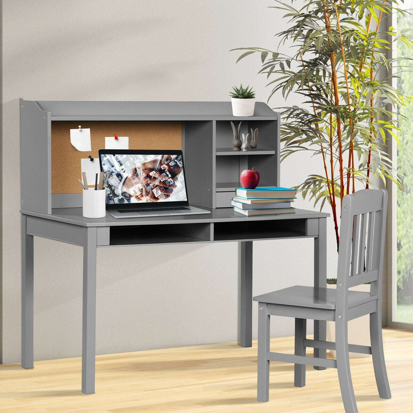 Kids Desk and Chair Set Study Writing Desk with Hutch and Bookshelves-Gray Kids Crystal