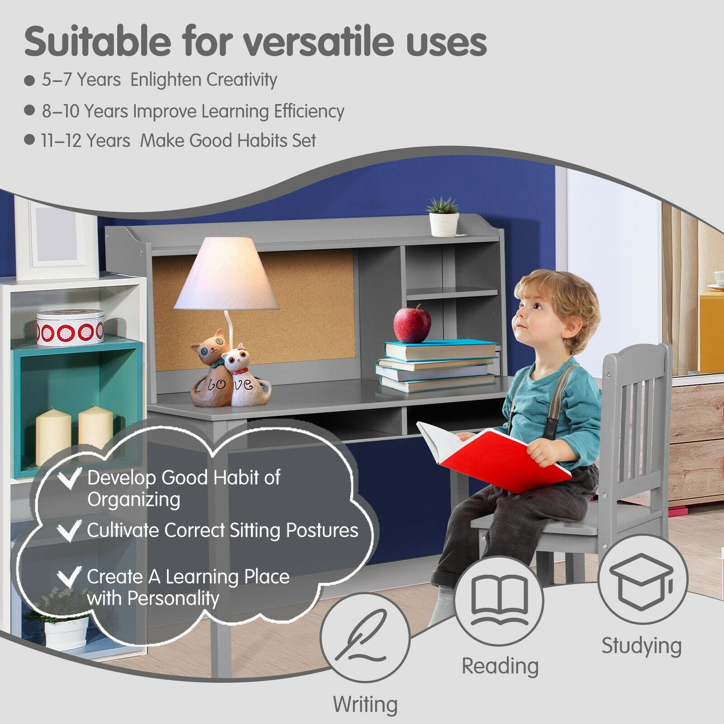 Kids Desk and Chair Set Study Writing Desk with Hutch and Bookshelves-Gray Kids Crystal