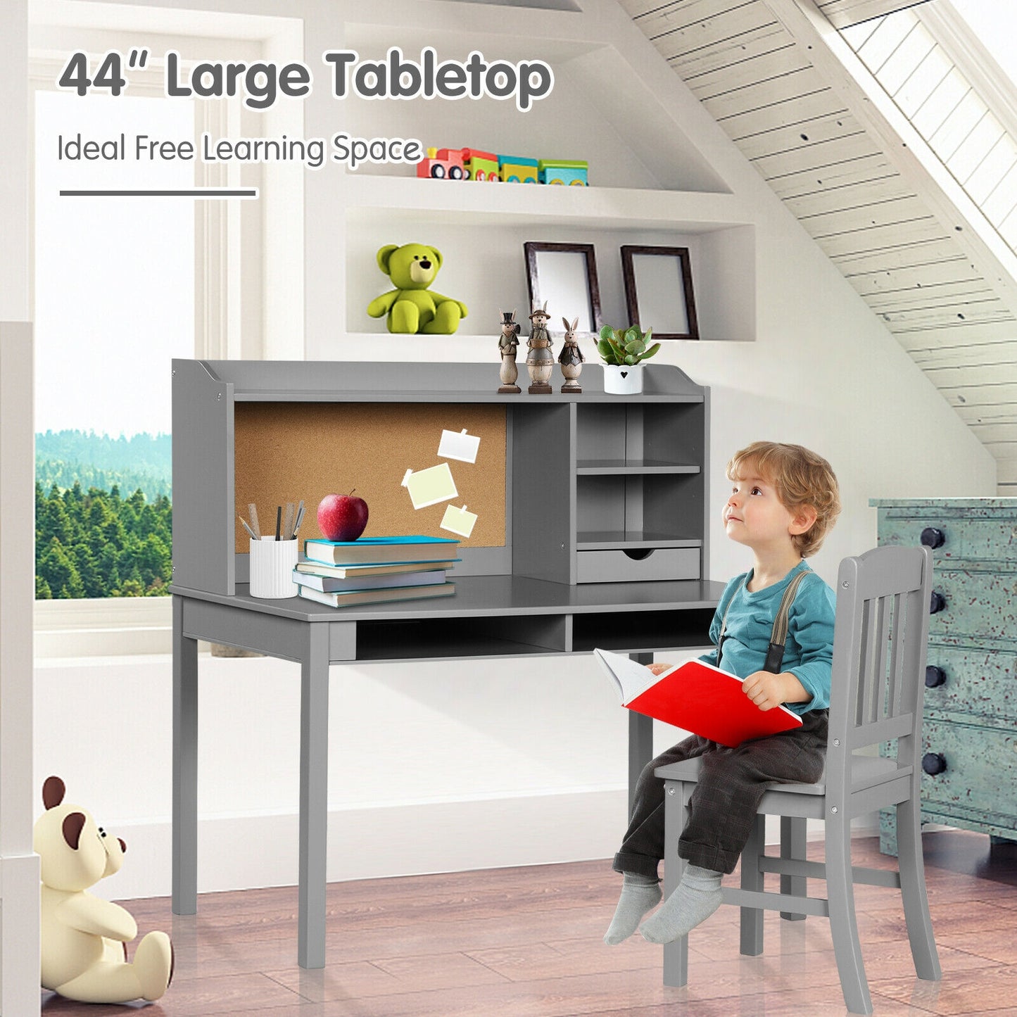 Kids Desk and Chair Set Study Writing Desk with Hutch and Bookshelves-Gray Kids Crystal