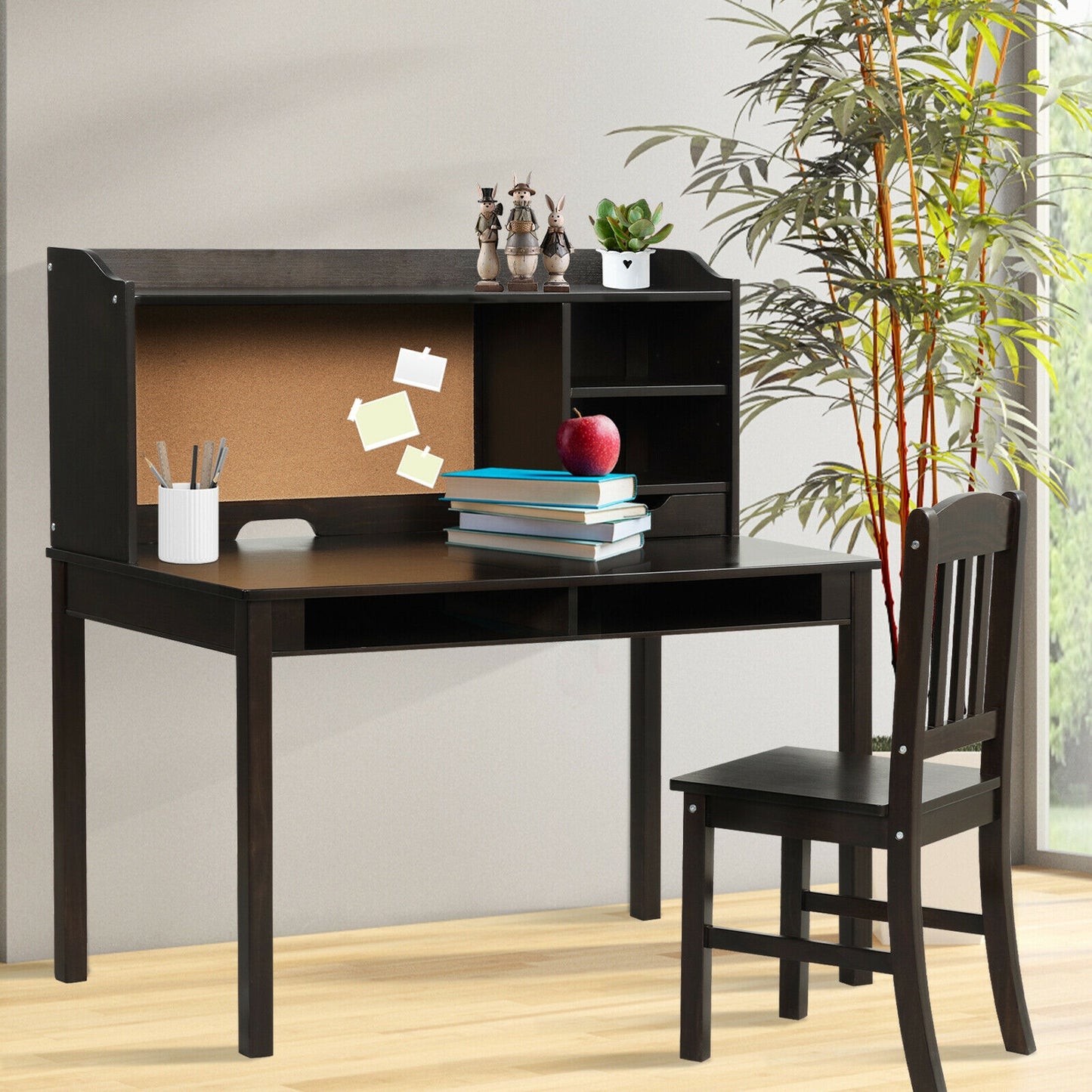 Kids Desk and Chair Set Study Writing Desk with Hutch and Bookshelves-Brown Kids Crystal