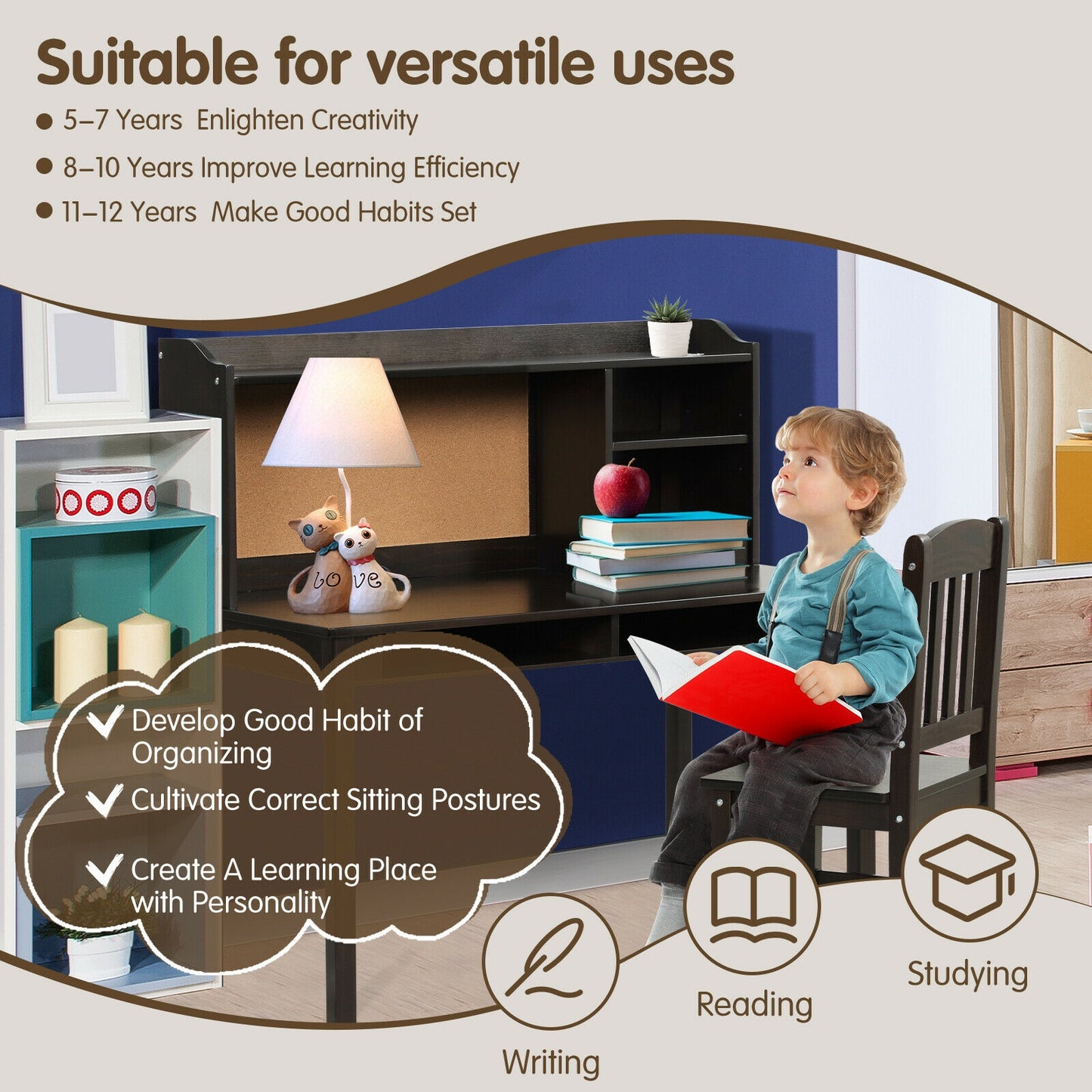 Kids Desk and Chair Set Study Writing Desk with Hutch and Bookshelves-Brown Kids Crystal