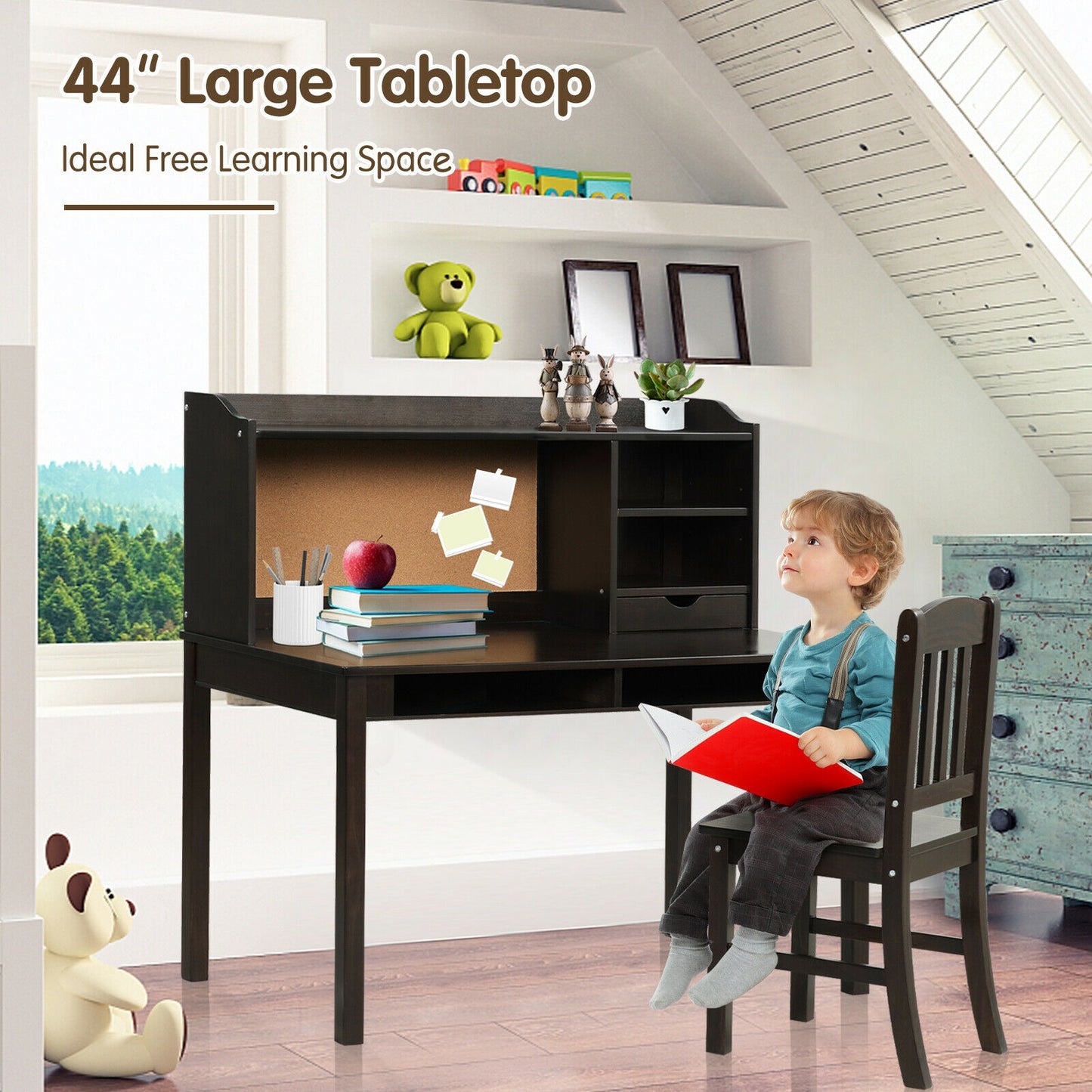 Kids Desk and Chair Set Study Writing Desk with Hutch and Bookshelves-Brown Kids Crystal