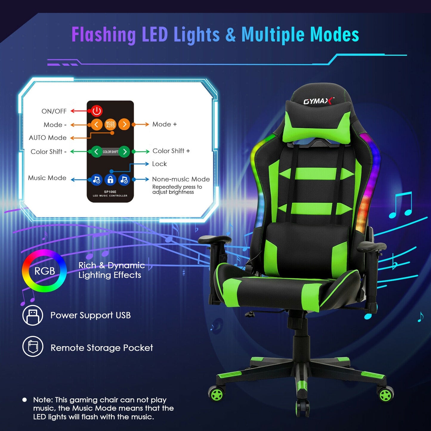 Adjustable Swivel Gaming Chair with LED Lights and Remote-Green Kids Crystal