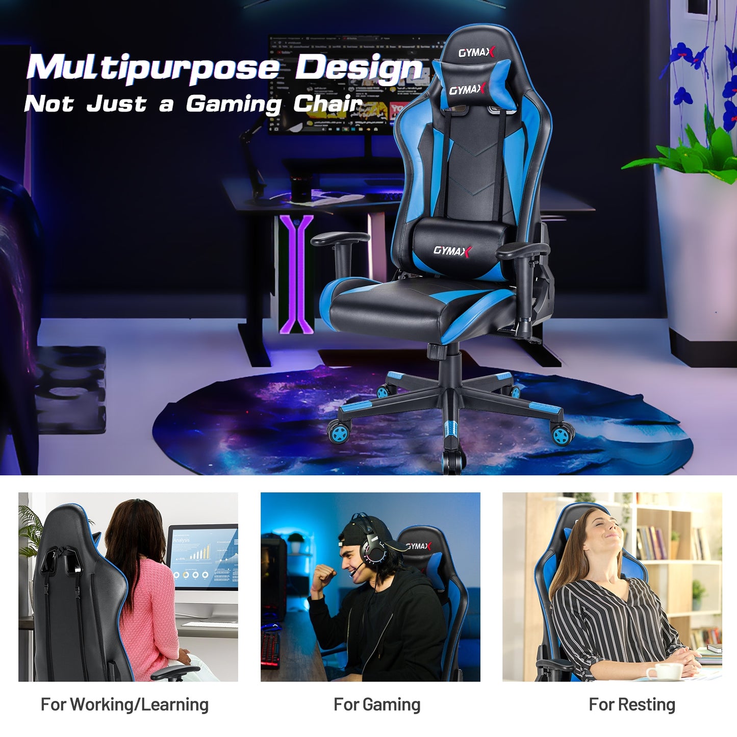 Gaming Chair Adjustable Swivel Racing Style Computer Office Chair-Blue Kids Crystal