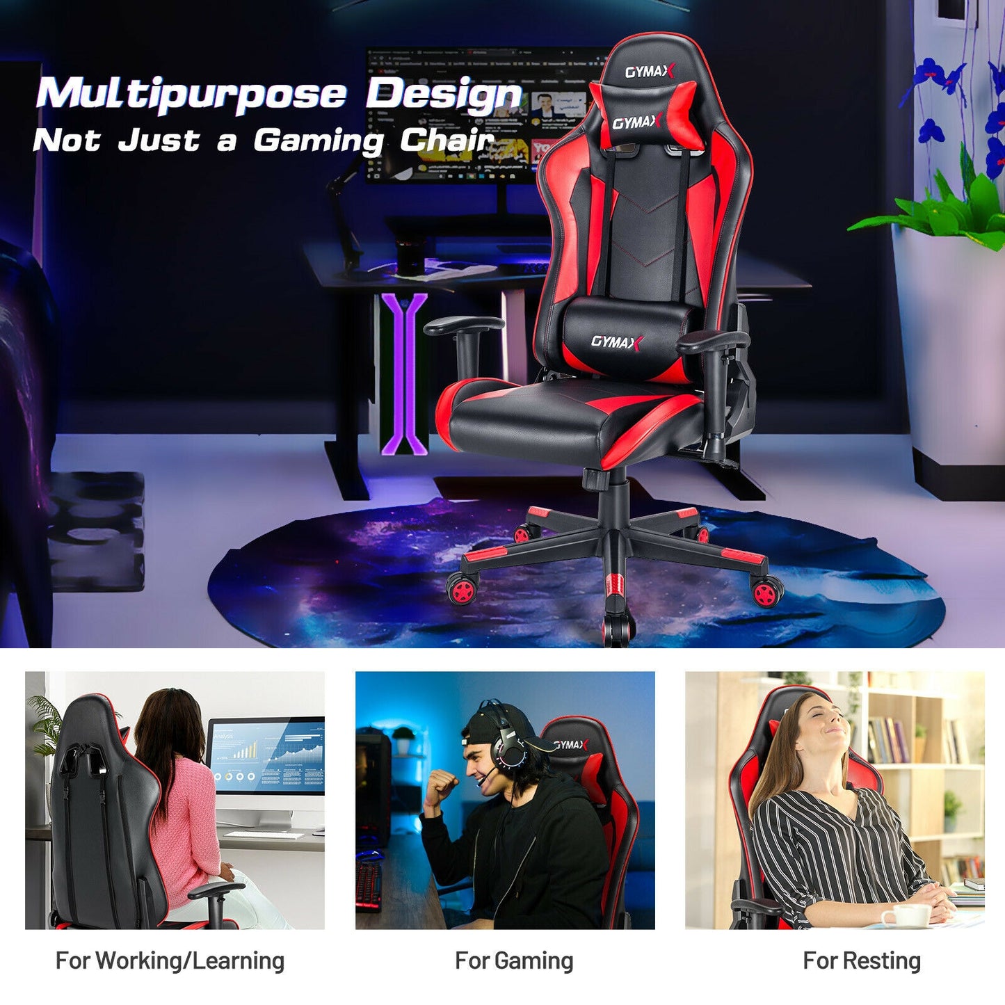 Gaming Chair Adjustable Swivel Racing Style Computer Office Chair-Red Kids Crystal