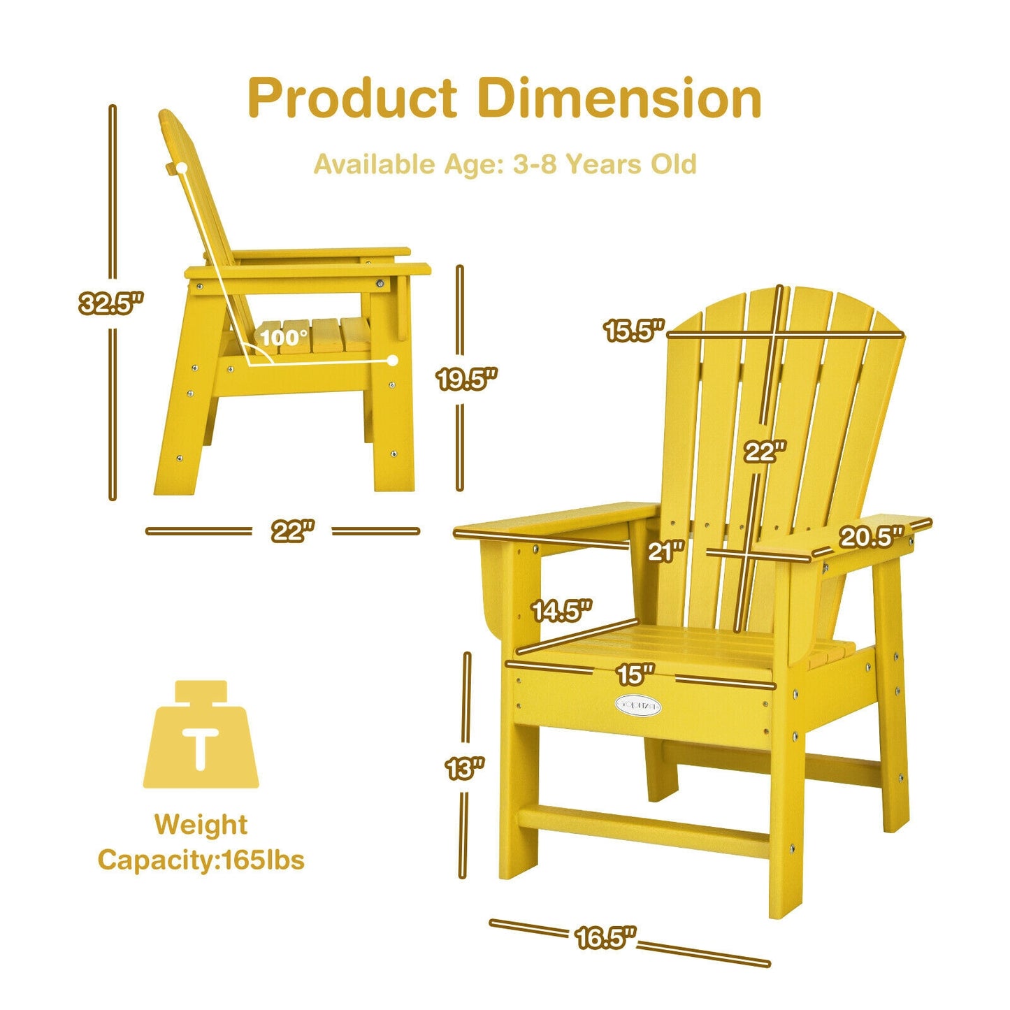 Patio Kids' Adirondack Chair with Ergonomic Backrest-Yellow Kids Crystal