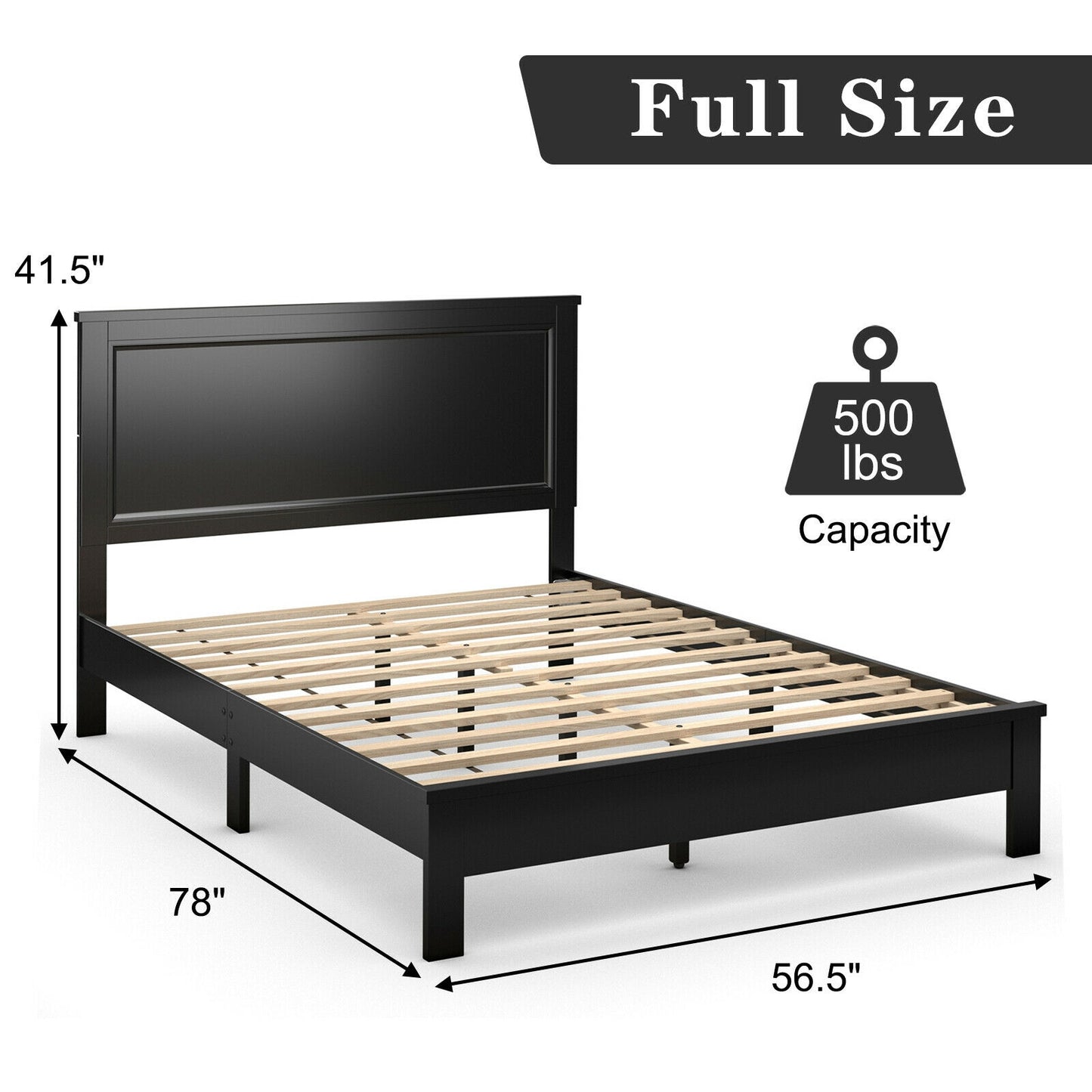Full Size Platform Slat Bed Frame with High Headboard-Black Kids Crystal