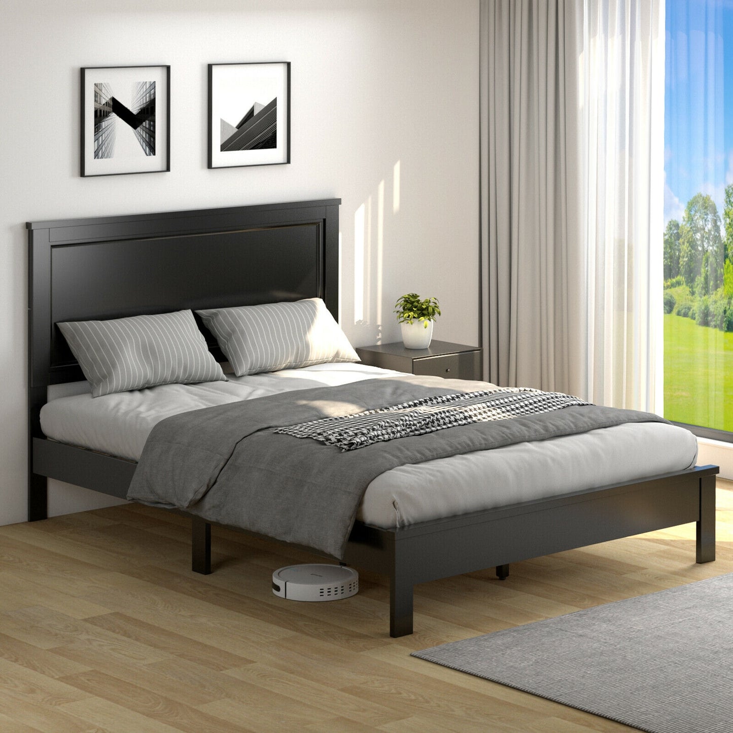 Full Size Platform Slat Bed Frame with High Headboard-Black Kids Crystal