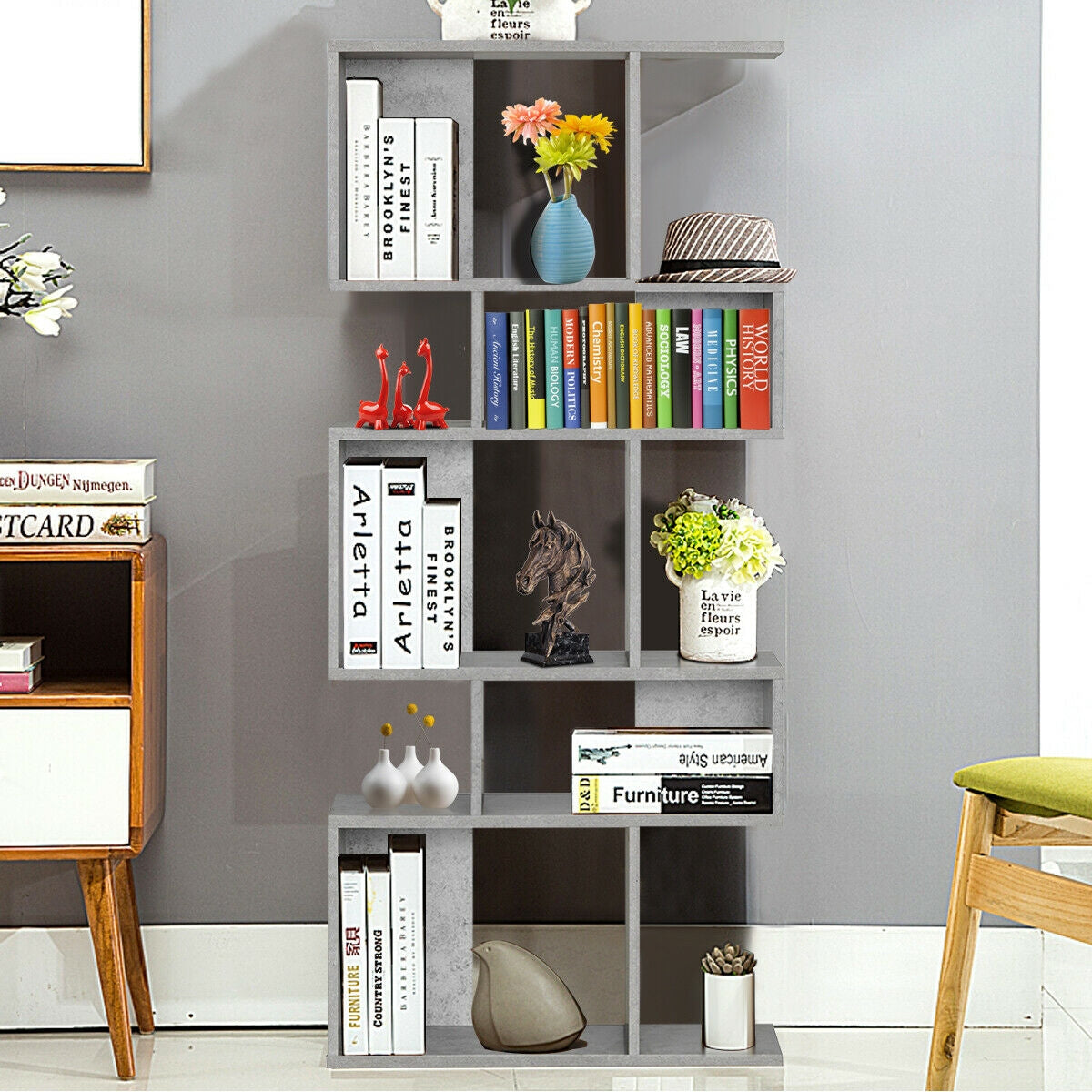 5 Cubes Ladder Shelf Corner Bookshelf Display Rack Bookcase-Gray Kids Crystal