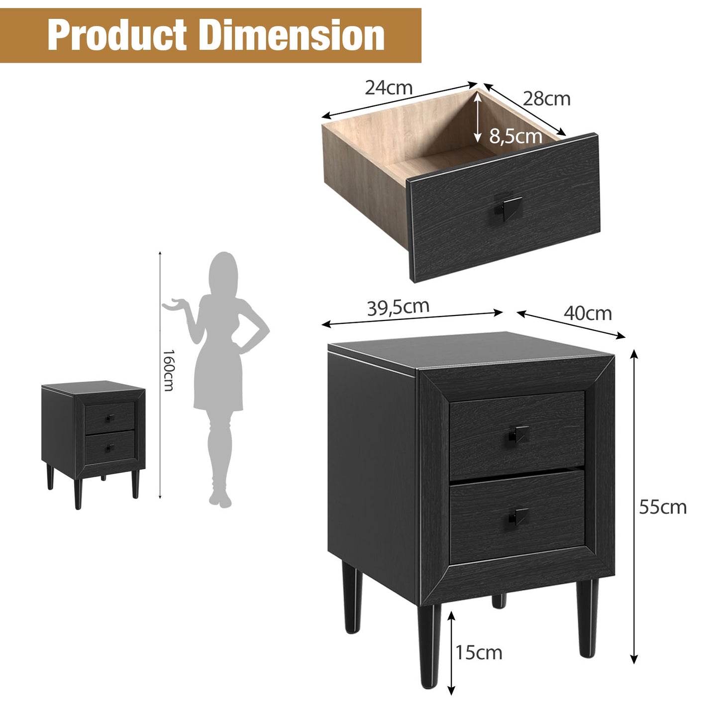 Multipurpose Retro Bedside Nightstand/ End Table with 2 Drawers-Black Kids Crystal