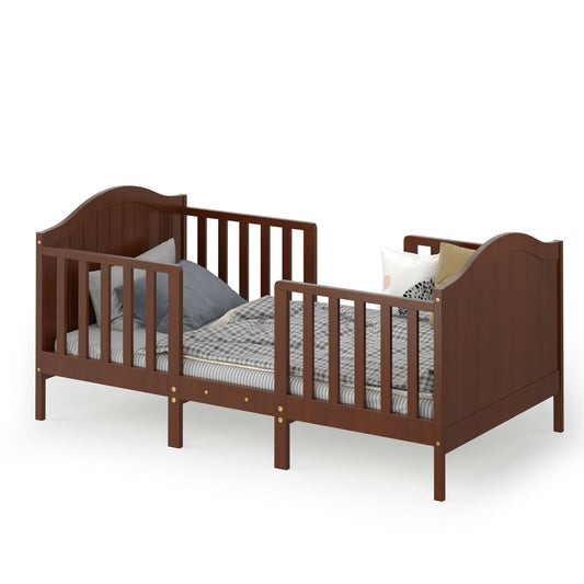 2-in-1 Classic Convertible Wooden Toddler Bed with 2 Side Guardrails for Extra Safety-Brown Kids Crystal