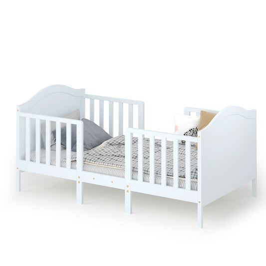 2-in-1 Classic Convertible Wooden Toddler Bed with 2 Side Guardrails for Extra Safety-White Kids Crystal