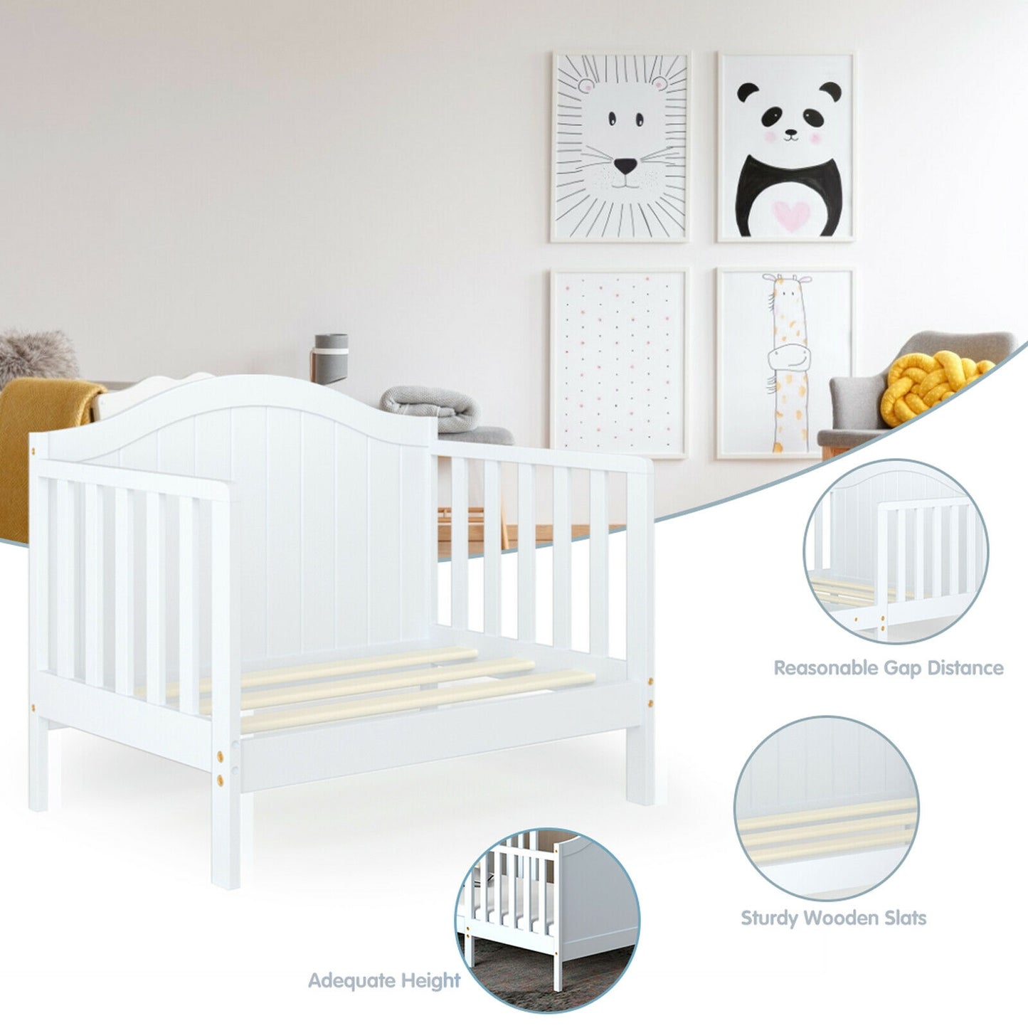 2-in-1 Classic Convertible Wooden Toddler Bed with 2 Side Guardrails for Extra Safety-White Kids Crystal