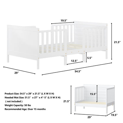 2-in-1 Convertible Kids Wooden Bedroom Furniture with Guardrails-White