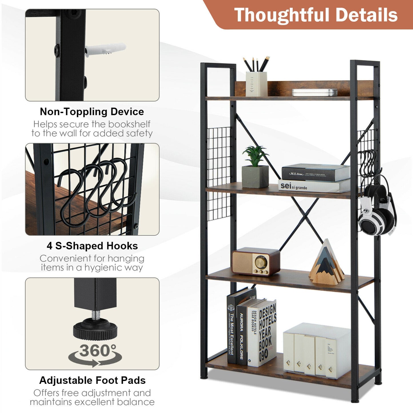 4 -Tier Industrial Open Storage Bookshelf-Rustic Brown Kids Crystal