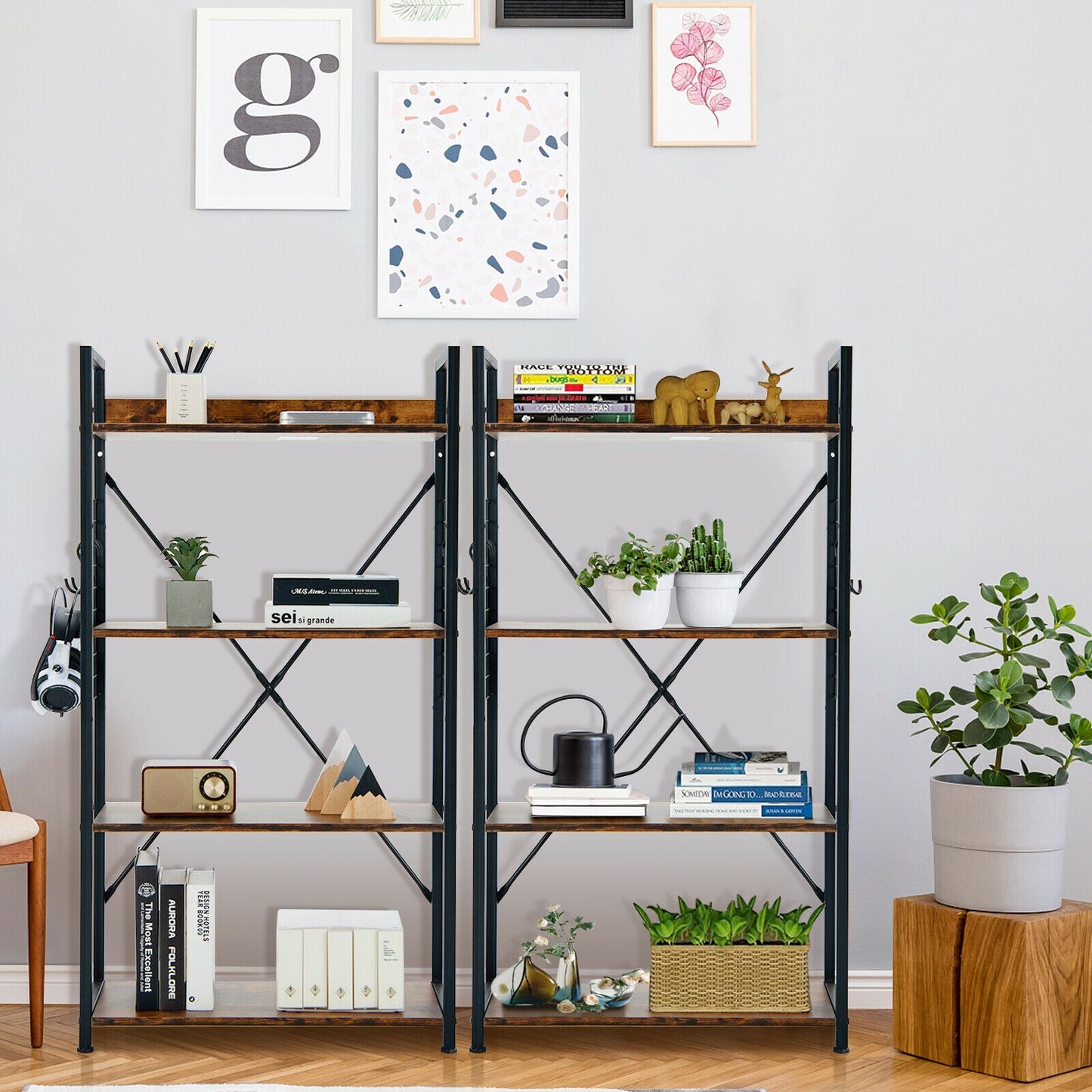 4 -Tier Industrial Open Storage Bookshelf-Rustic Brown Kids Crystal