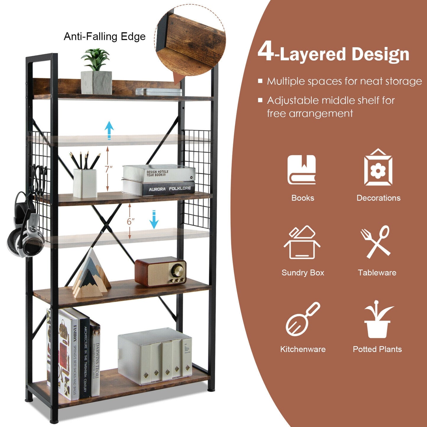 4 -Tier Industrial Open Storage Bookshelf-Rustic Brown Kids Crystal