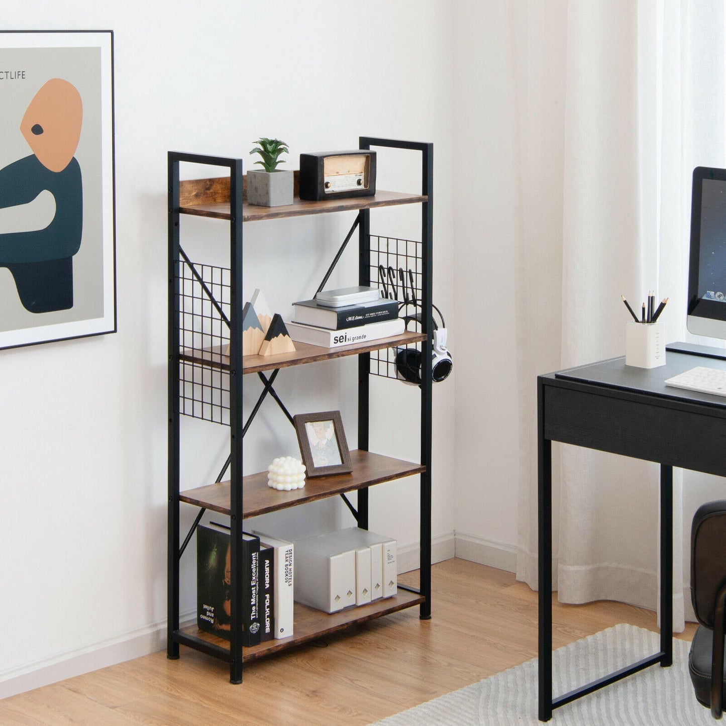 4 -Tier Industrial Open Storage Bookshelf-Rustic Brown Kids Crystal