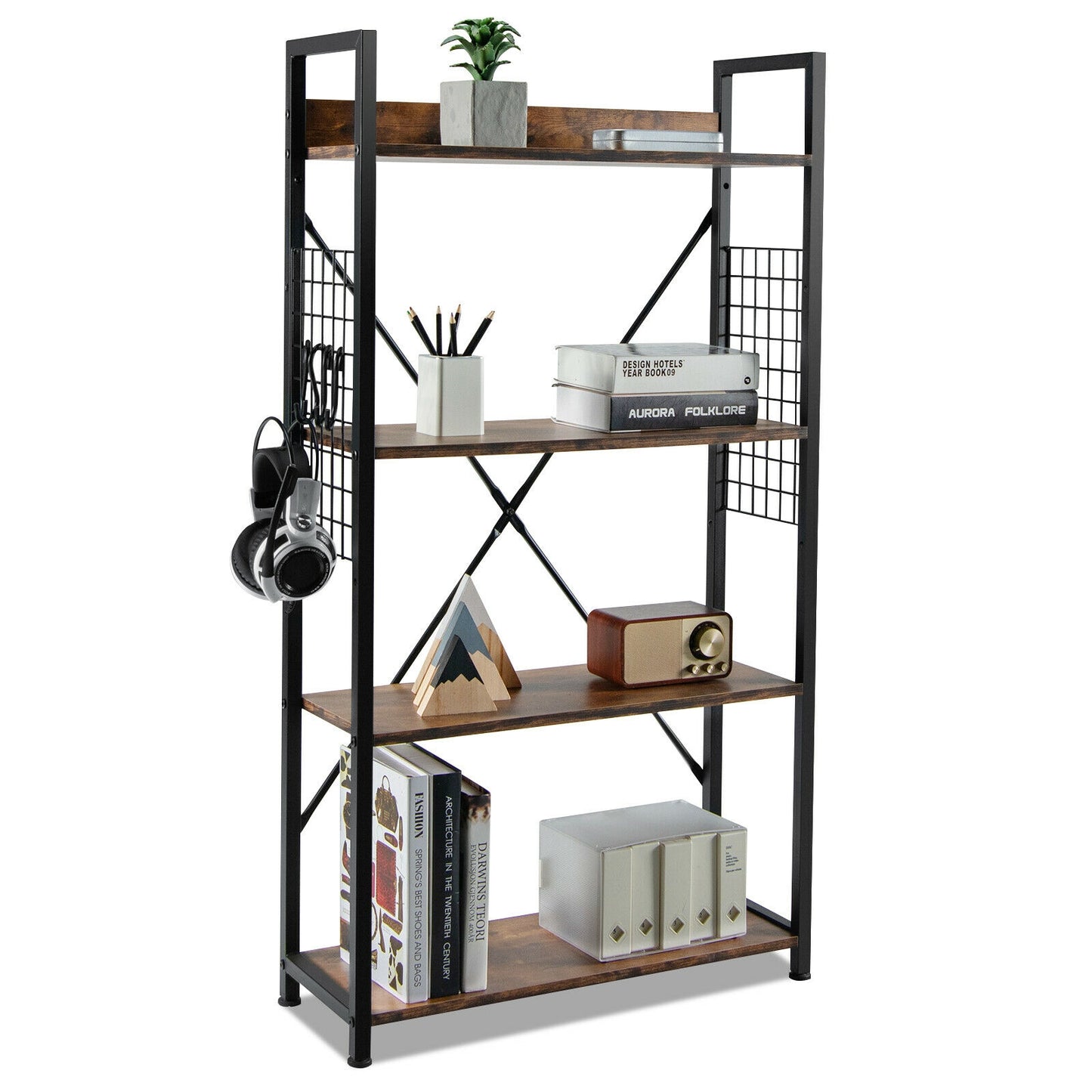 4 -Tier Industrial Open Storage Bookshelf-Rustic Brown Kids Crystal