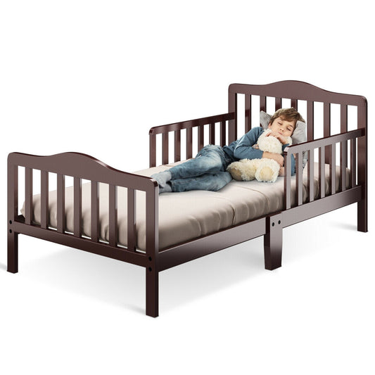 Classic Design Kids Wood Toddler Bed Frame with Two Side Safety Guardrails-Brown Kids Crystal
