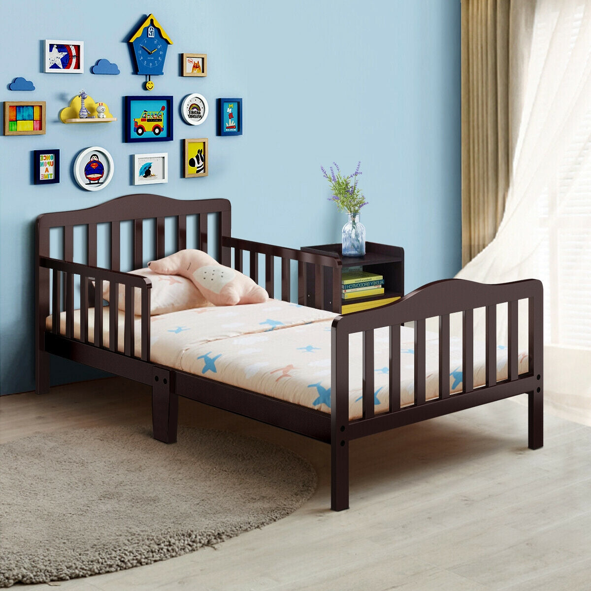 Classic Design Kids Wood Toddler Bed Frame with Two Side Safety Guardrails-Brown Kids Crystal