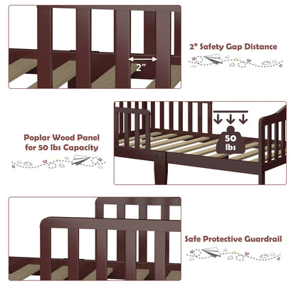 Classic Design Kids Wood Toddler Bed Frame with Two Side Safety Guardrails-Brown