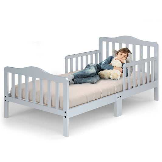 Classic Design Kids Wood Toddler Bed Frame with Two Side Safety Guardrailss-Gray Kids Crystal