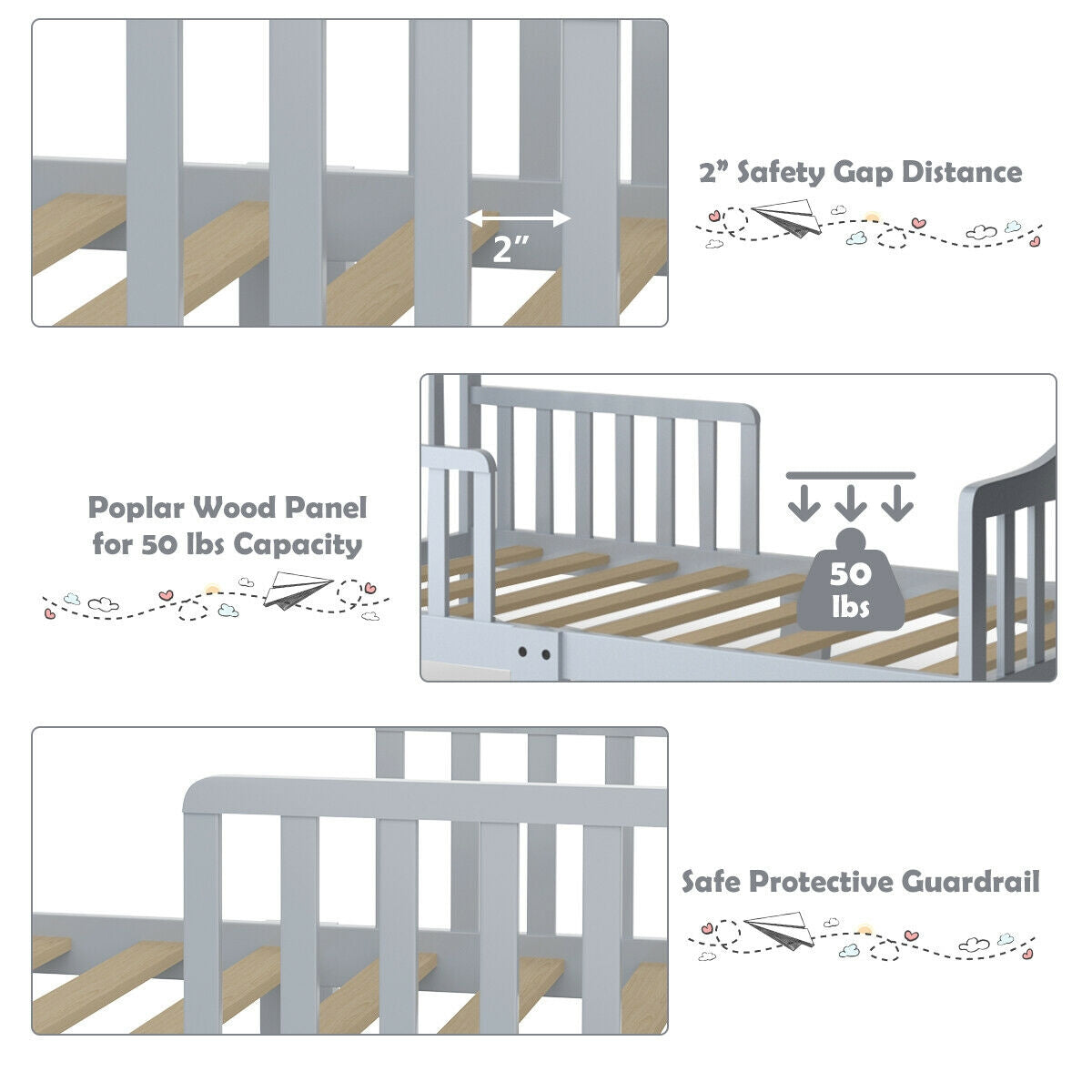 Classic Design Kids Wood Toddler Bed Frame with Two Side Safety Guardrailss-Gray Kids Crystal