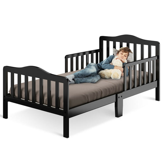 Classic Design Kids Wood Toddler Bed Frame with Two Side Safety Guardrails-Black Kids Crystal