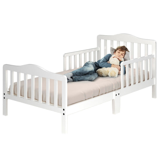 Classic Design Kids Wood Toddler Bed Frame with Two Side Safety Guardrails-White Kids Crystal