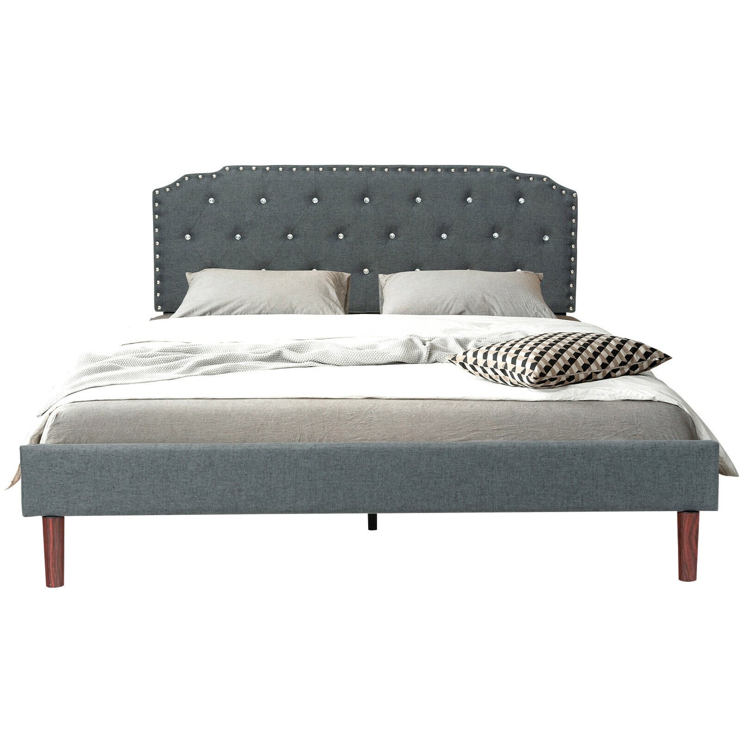 Upholstered Bed Frame with Adjustable Diamond Button Headboard-Queen Size Kids Crystal