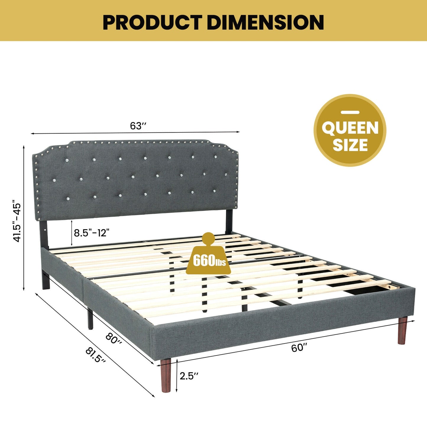 Upholstered Bed Frame with Adjustable Diamond Button Headboard-Queen Size Kids Crystal