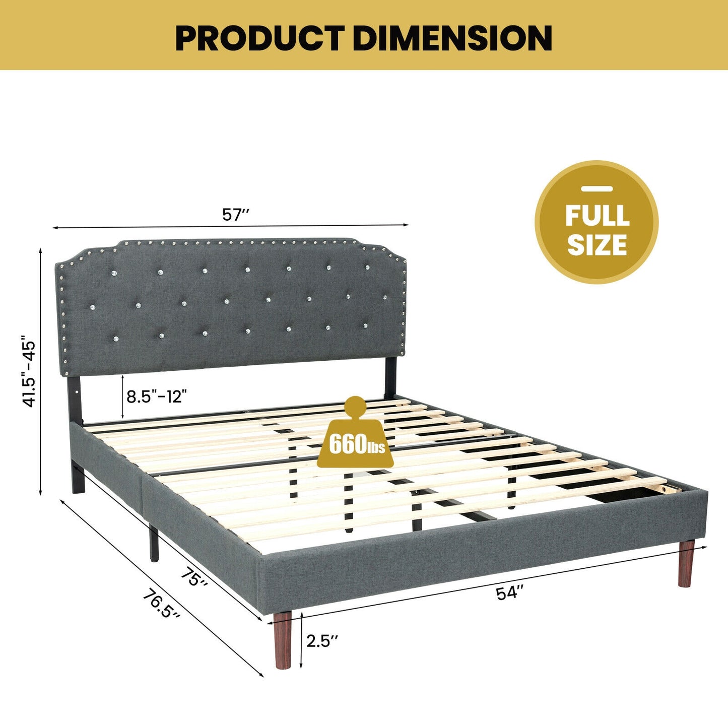 Upholstered Bed Frame with Adjustable Diamond Button Headboard-Full Size Kids Crystal