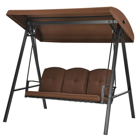 Outdoor 3-Seat Porch Swing with Adjust Canopy and Cushions-Coffee Kids Crystal