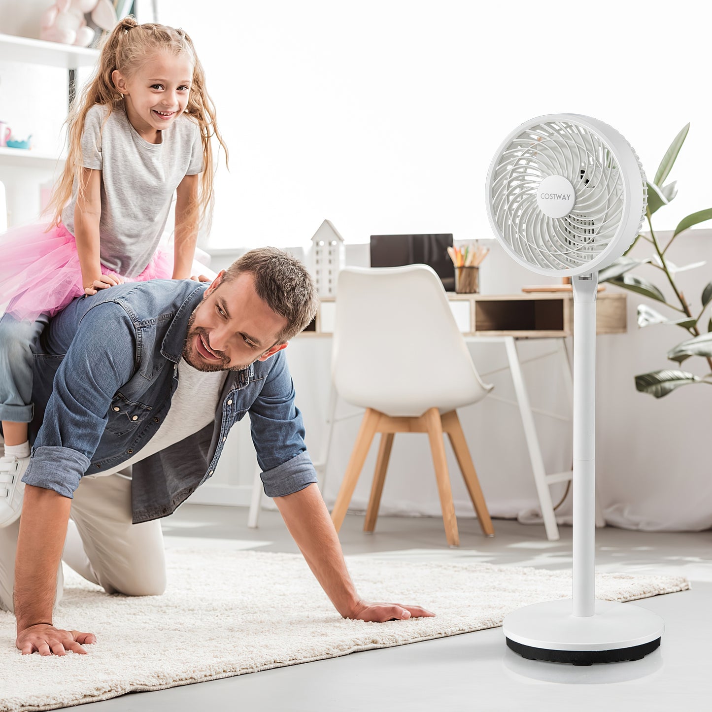 9 Inch Portable Oscillating Pedestal Floor Fan with Adjustable Heights and Speeds-White Kids Crystal