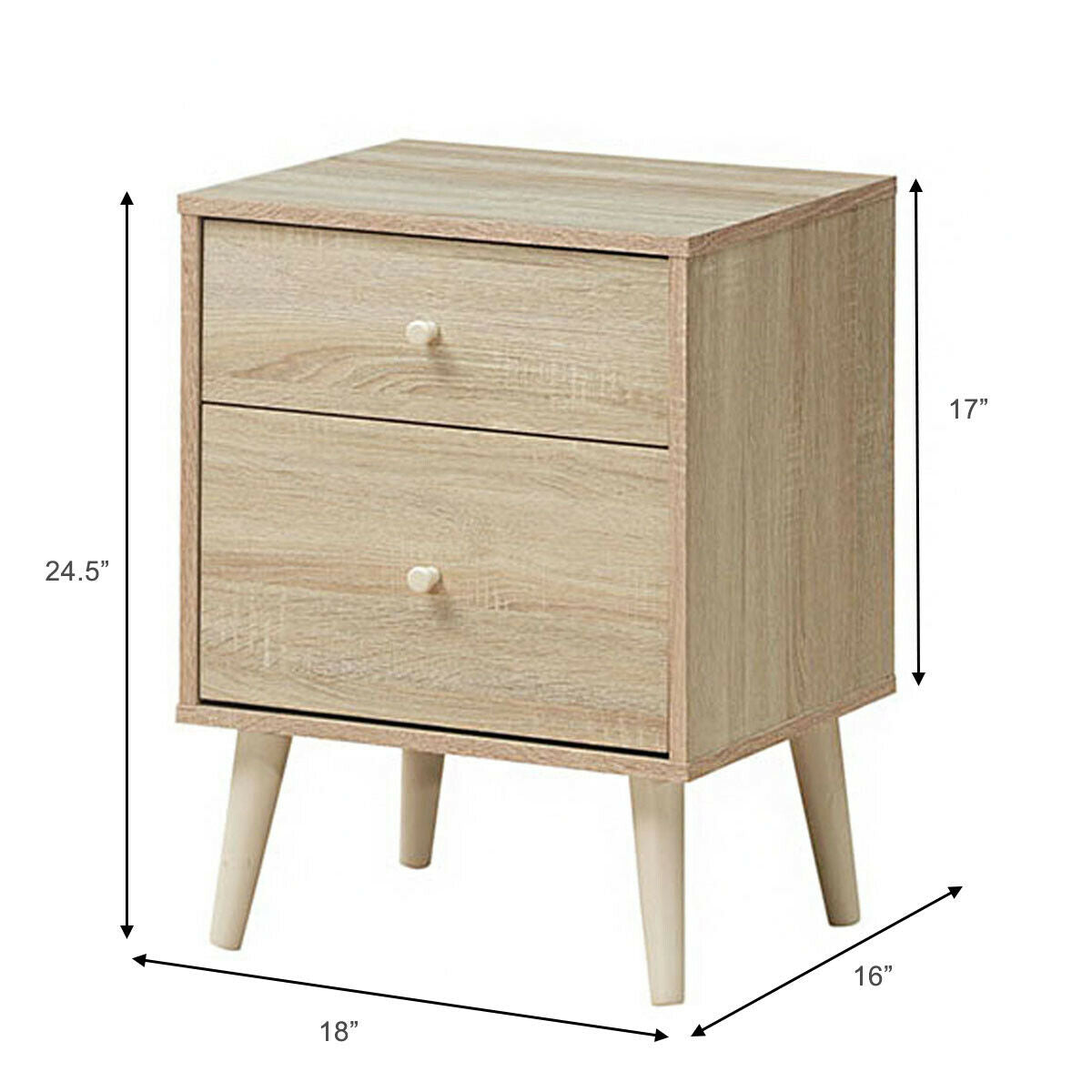 2-Drawer Nightstand Beside End Side Table with Rubber Legs-Natural Kids Crystal