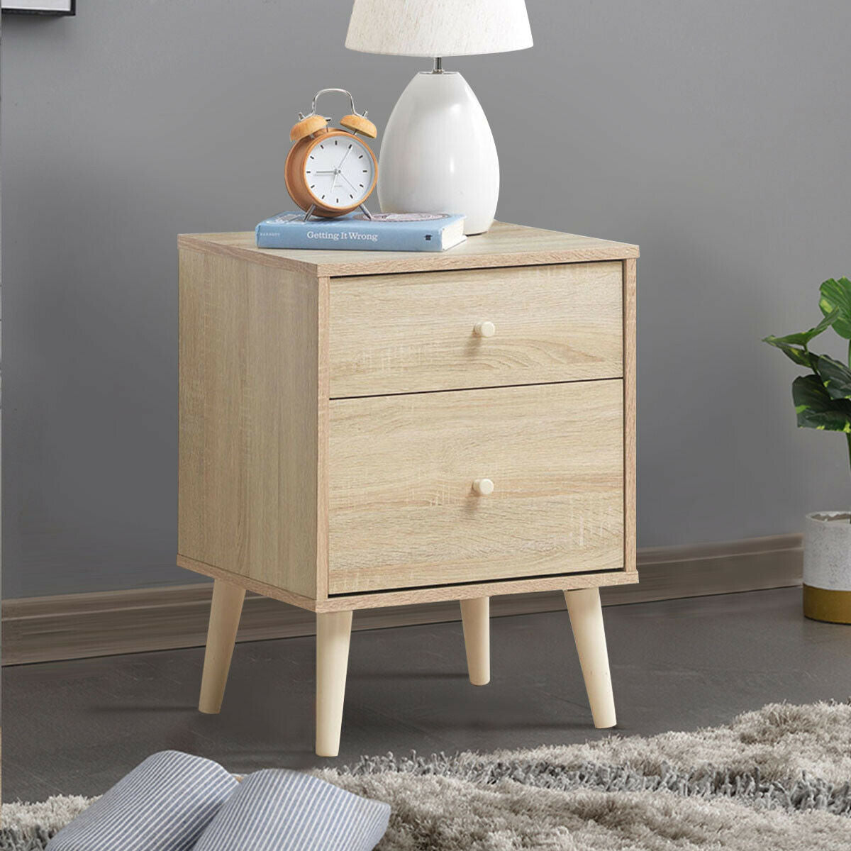 2-Drawer Nightstand Beside End Side Table with Rubber Legs-Natural Kids Crystal