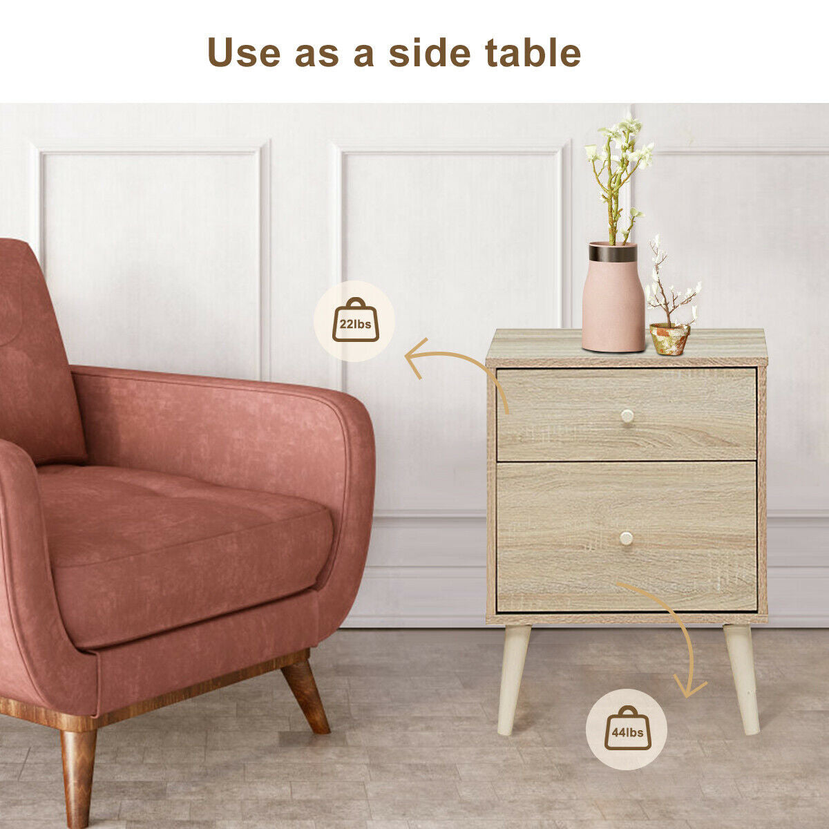 2-Drawer Nightstand Beside End Side Table with Rubber Legs-Natural Kids Crystal