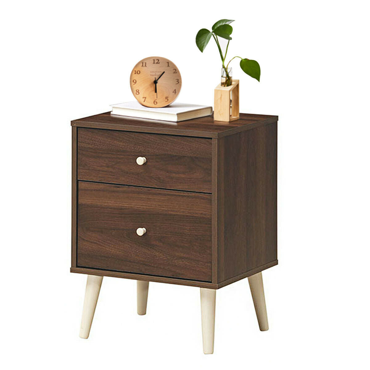 2-Drawer Nightstand Beside End Side Table with Rubber Legs-Brown Kids Crystal