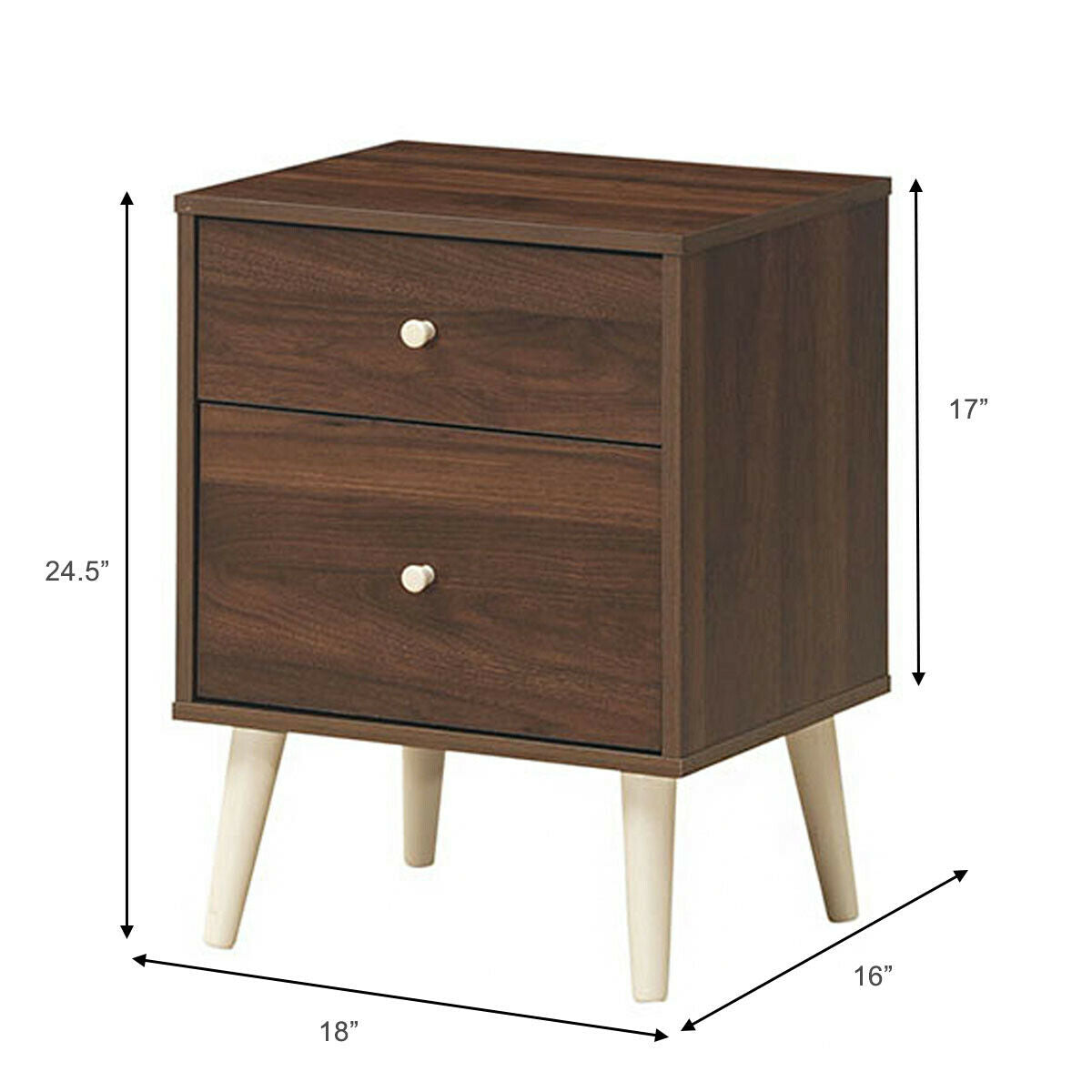 2-Drawer Nightstand Beside End Side Table with Rubber Legs-Brown Kids Crystal
