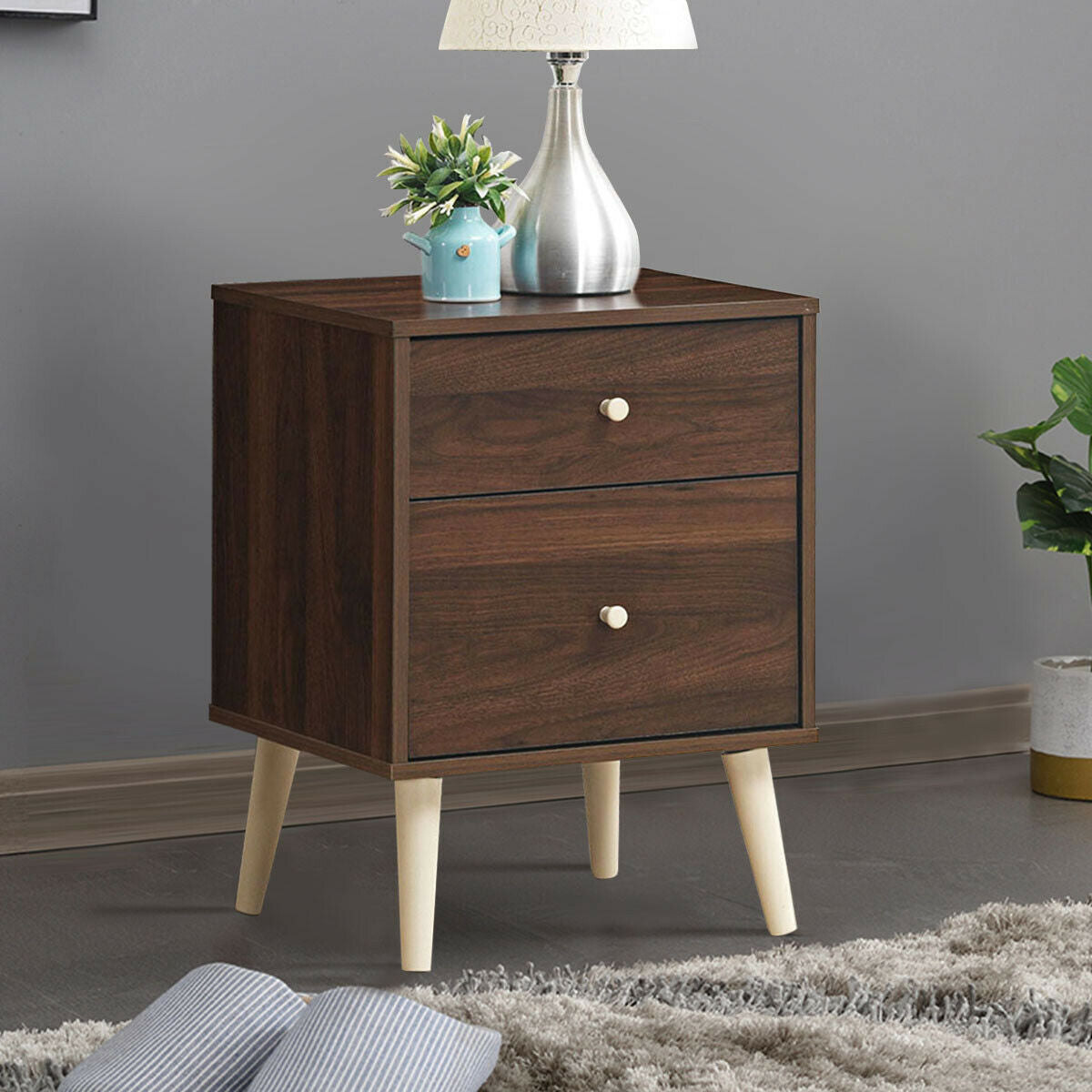 2-Drawer Nightstand Beside End Side Table with Rubber Legs-Brown Kids Crystal