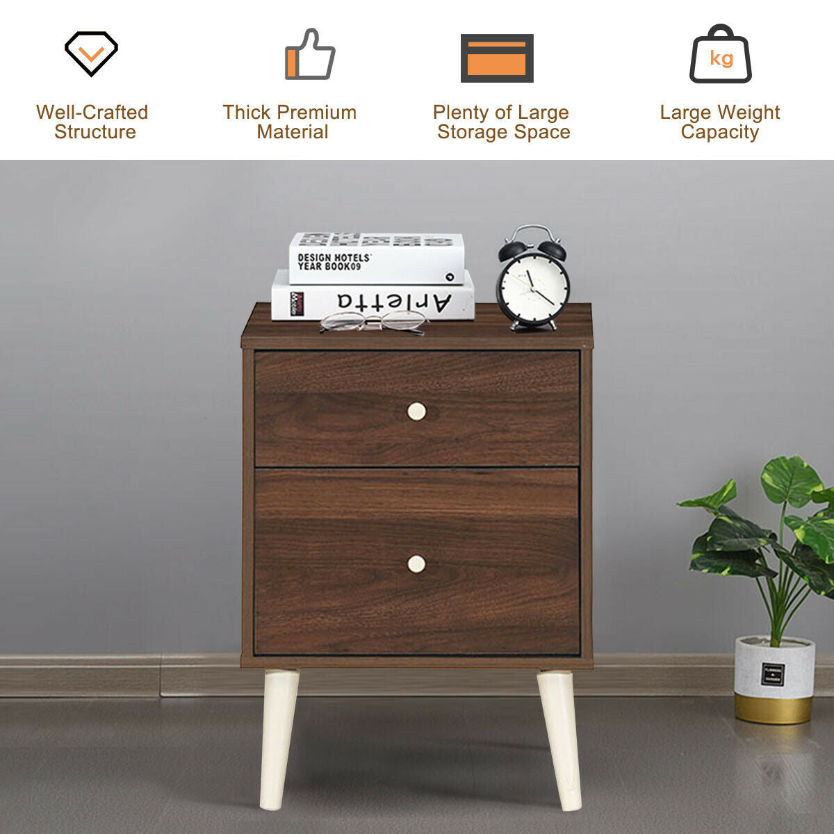2-Drawer Nightstand Beside End Side Table with Rubber Legs-Brown Kids Crystal