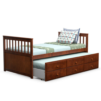 Twin Captain’s Bed with Trundle Bed with 3 Storage Drawers-Walnut