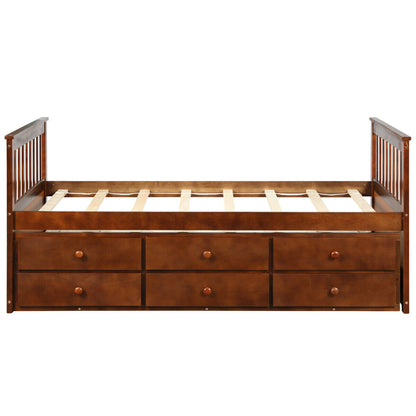 Twin Captain’s Bed with Trundle Bed with 3 Storage Drawers-Walnut