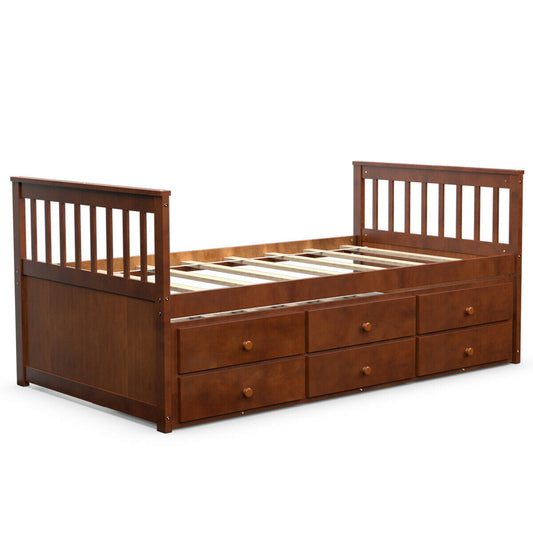 Twin Captain’s Bed with Trundle Bed with 3 Storage Drawers-Walnut Kids Crystal