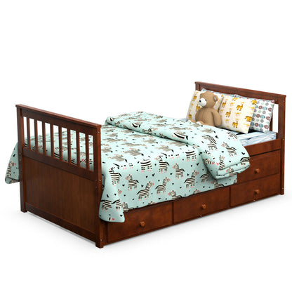 Twin Captain’s Bed with Trundle Bed with 3 Storage Drawers-Walnut